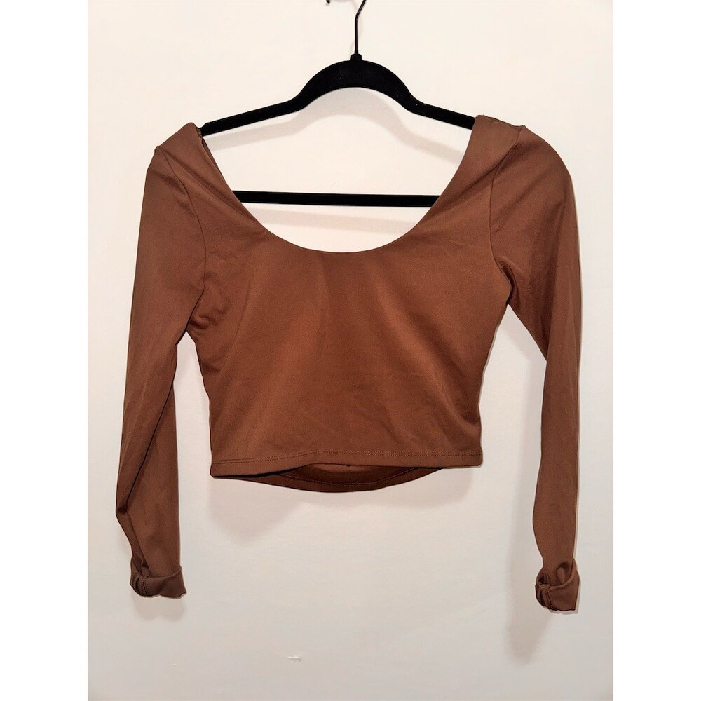 Nordstrom Blouse Womens M Brown Cropped Long Sleeve Open Back Cutout Twist